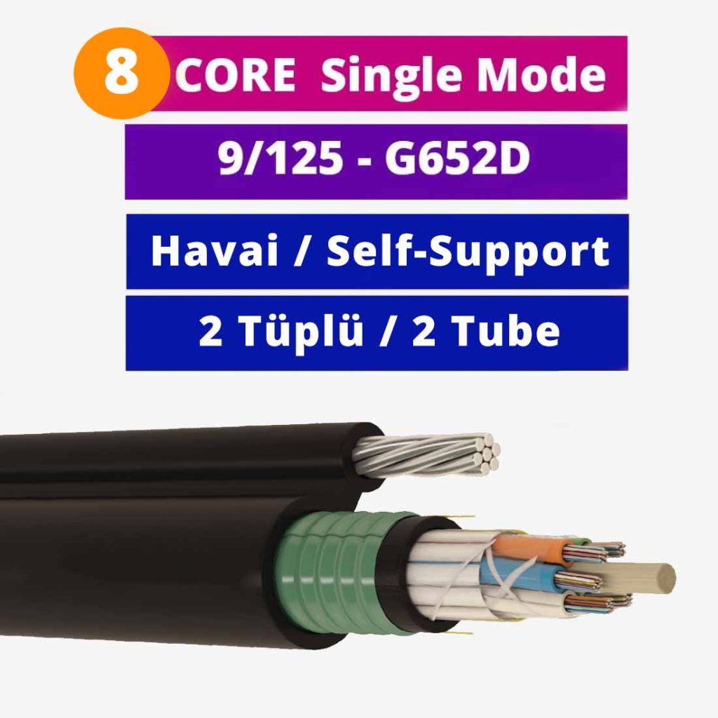 8 Core Single Mode Fiber Optik Kablo Çift Zırhlı Askı Telli 2 Tüplü HDPE