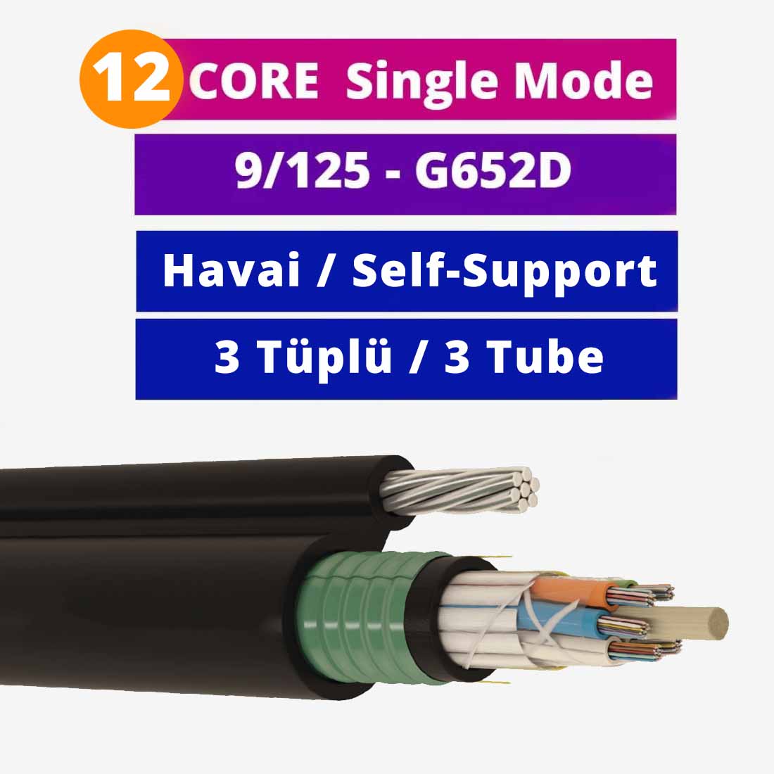 12 Core Single Mode Fiber Optik Kablo Çift Zırhlı Askı Telli 3 Tüplü HDPE 12 Core Single Mode Fiber Optik Kablo Çift Zırhlı Askı Telli 3 Tüplü HDPE