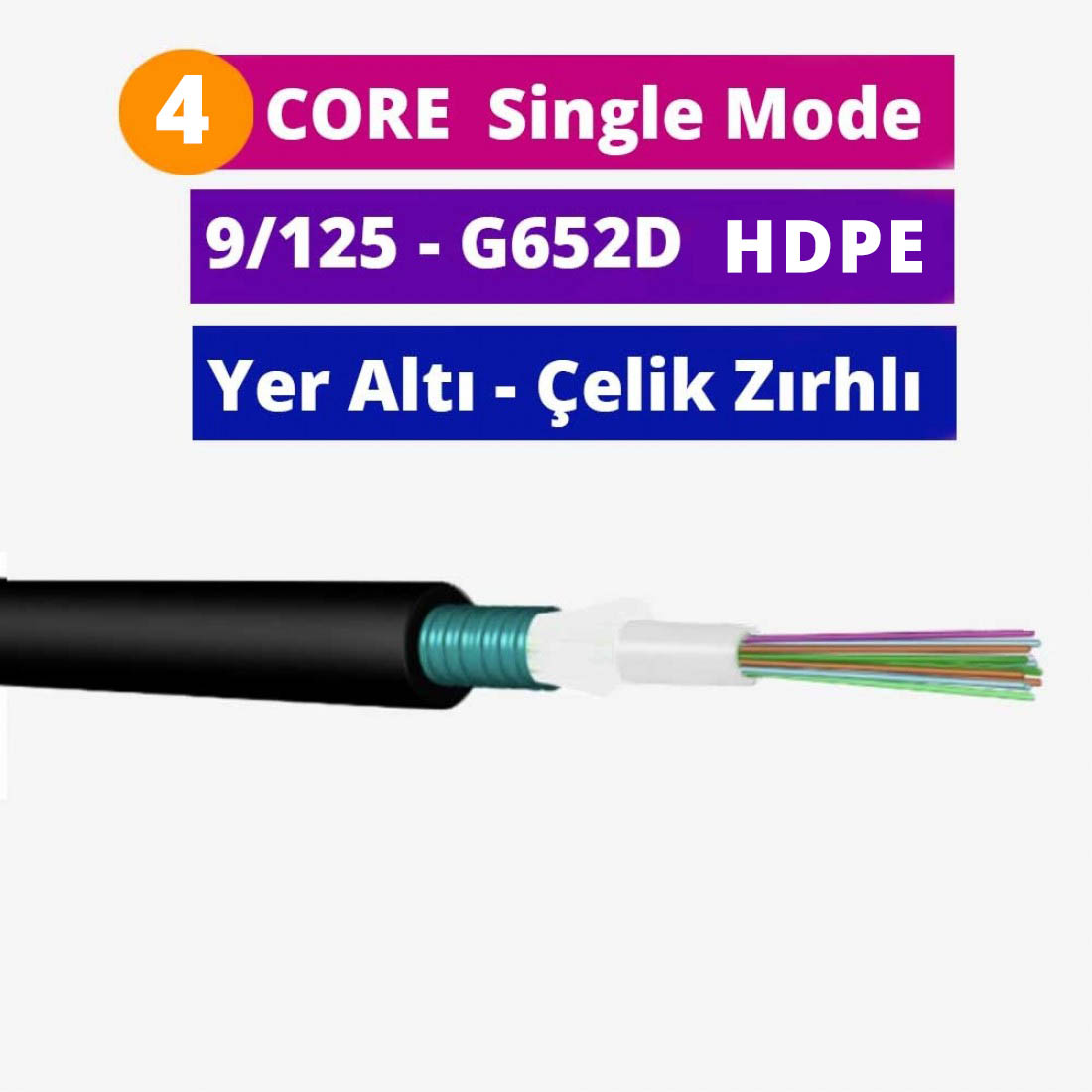 CZ4CR652DFH-2.jpg 4 Core Çelik Zırhlı Yer Altı Fiber Optik Kablo Single Mode - HDPE - Görsel 1